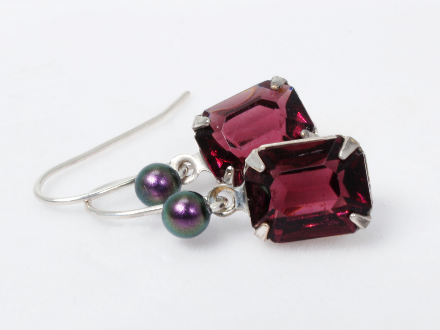 Vera Silver Earrings | Vintage Purple Octagon Crystal with Crystal Tahitian Pearls