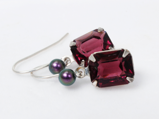 Vera Silver Earrings | Vintage Purple Octagon Crystal with Crystal Tahitian Pearls