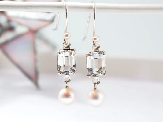 Ada Silver Earrings | Simple Swarovski Crystal with Akoya Pearls Silver Earrings