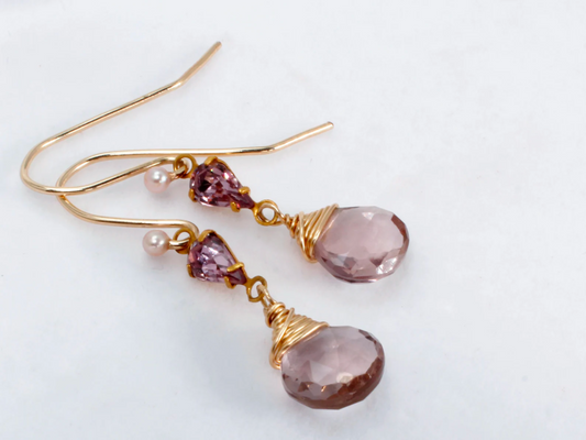 Adaline Earrings | Vintage Teardrop Stone w/ Pink Hydroquartz Briolette