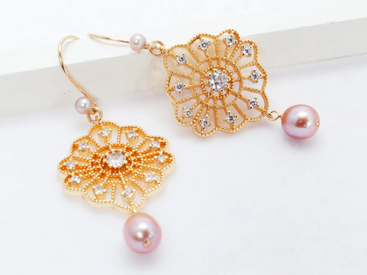 Lacey Filigree Earrings with Pink Freshwater Pearls