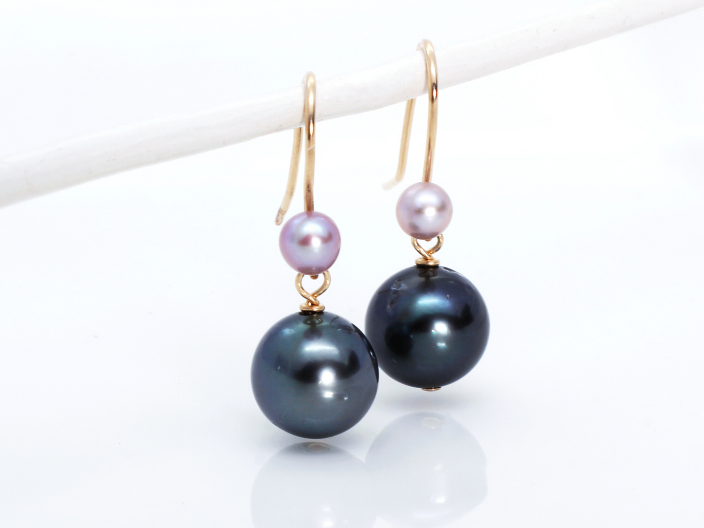 Tahitian Pearl Earrings with 4mm Pink Freshwater Pearl Earwire | 14/20 Gold Filled