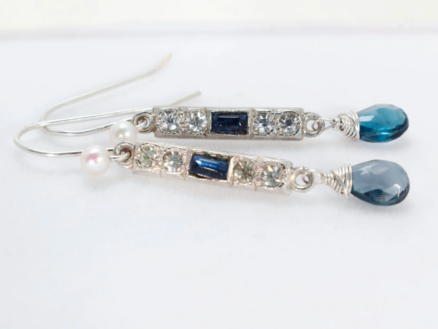 Antique Art Deco Links w/ Teardrop London Blue Topaz and Swarovski Crystal Silver Earrings