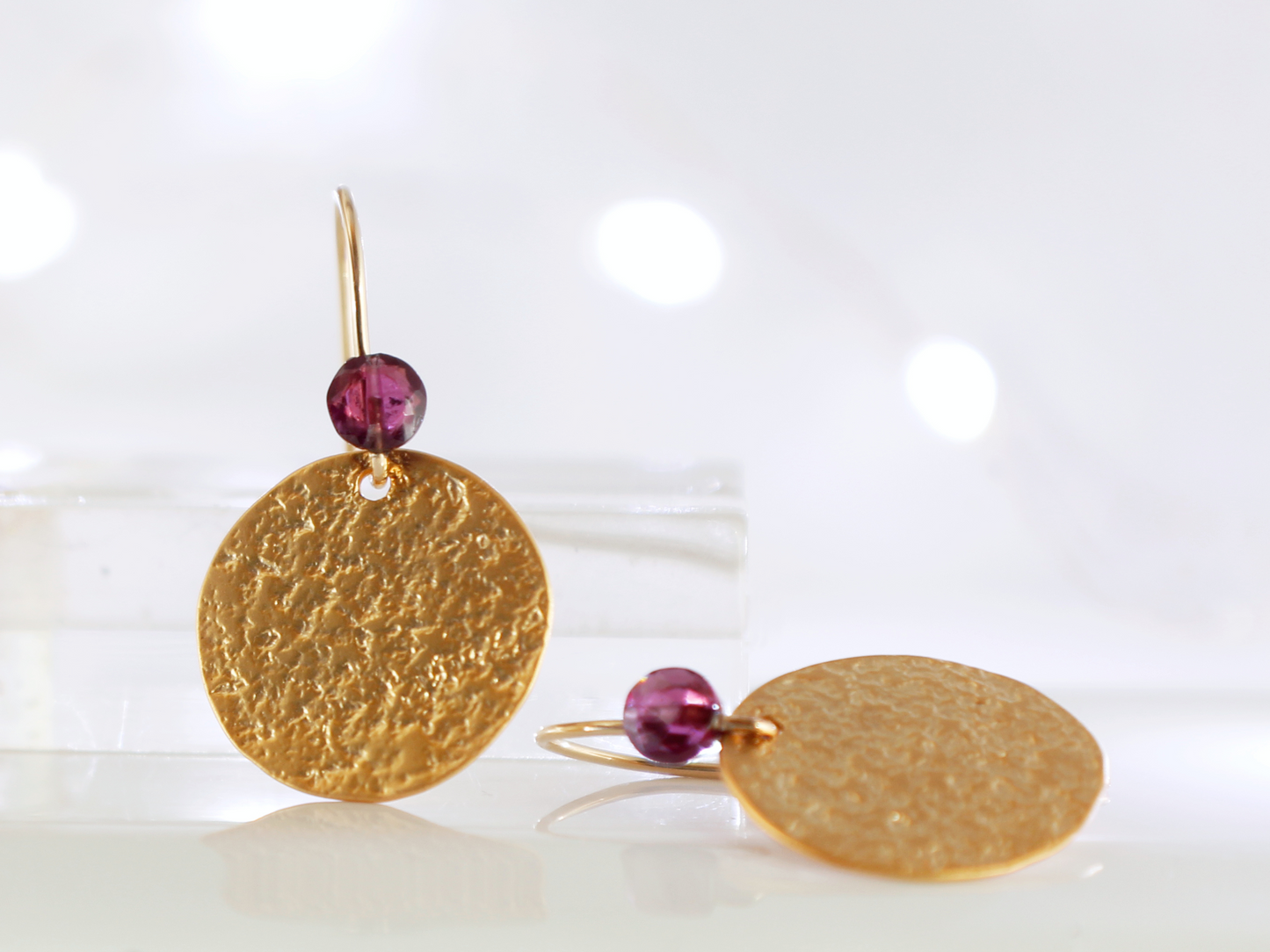 Minimalist Round Disc | Gold Dangle Garnet Earrings