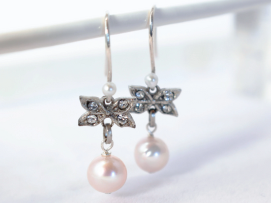 Petite Antique Silver Charm Earrings with Akoya Pearls