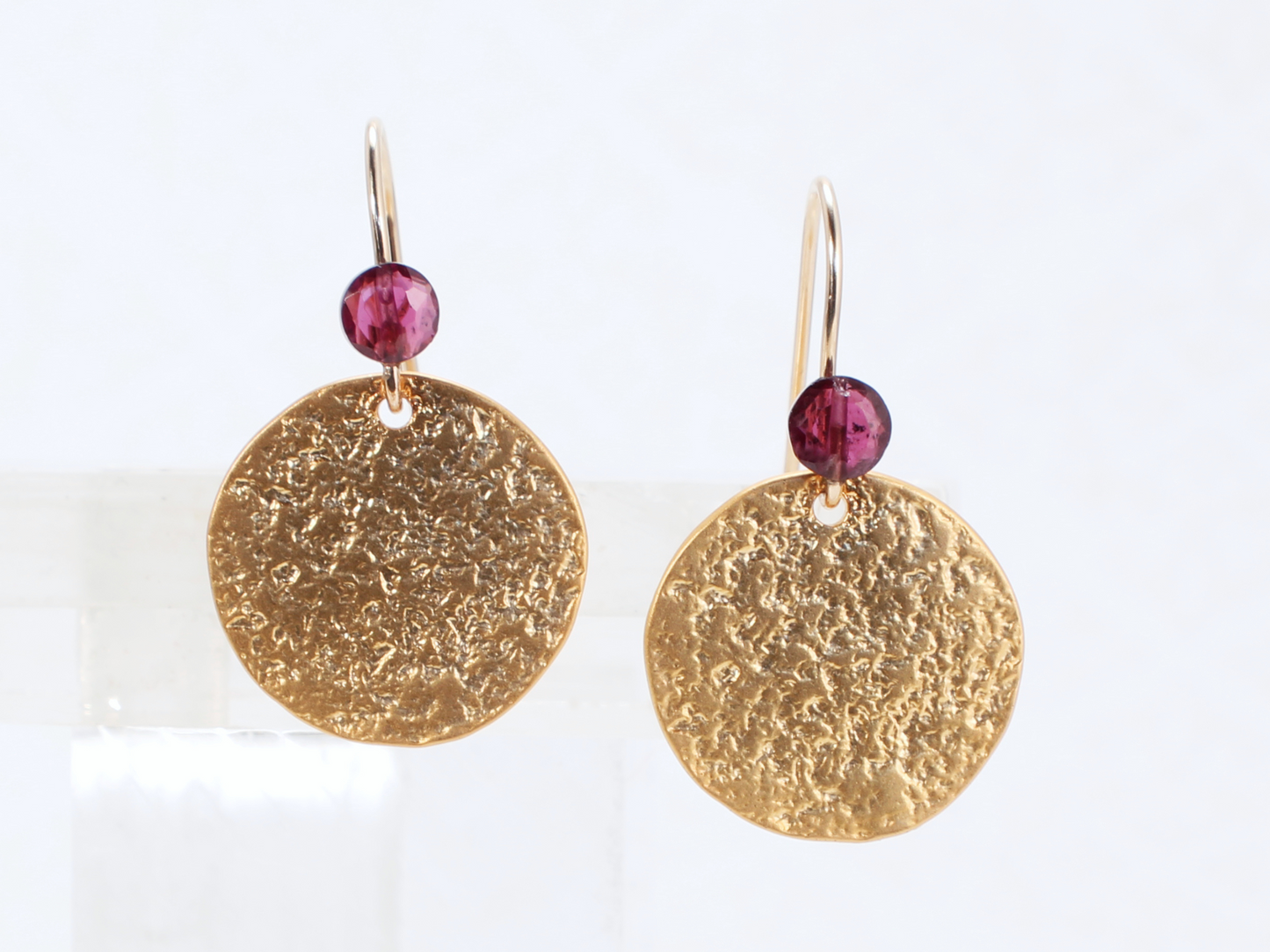 Minimalist Round Disc | Gold Dangle Garnet Earrings