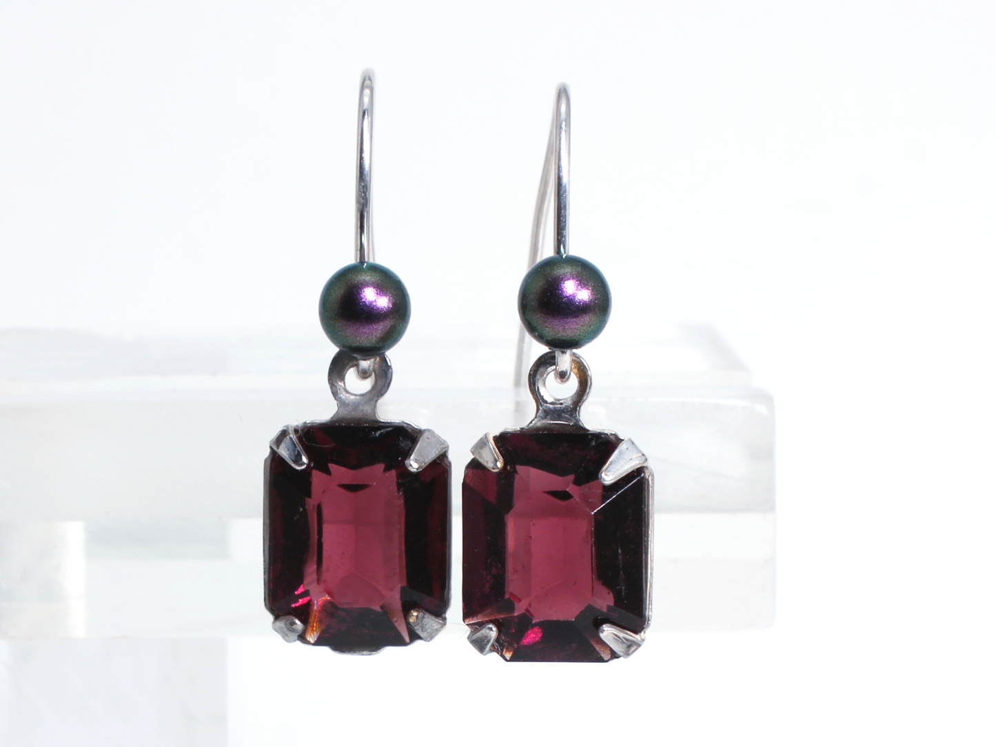 Vera Silver Earrings | Vintage Purple Octagon Crystal with Crystal Tahitian Pearls