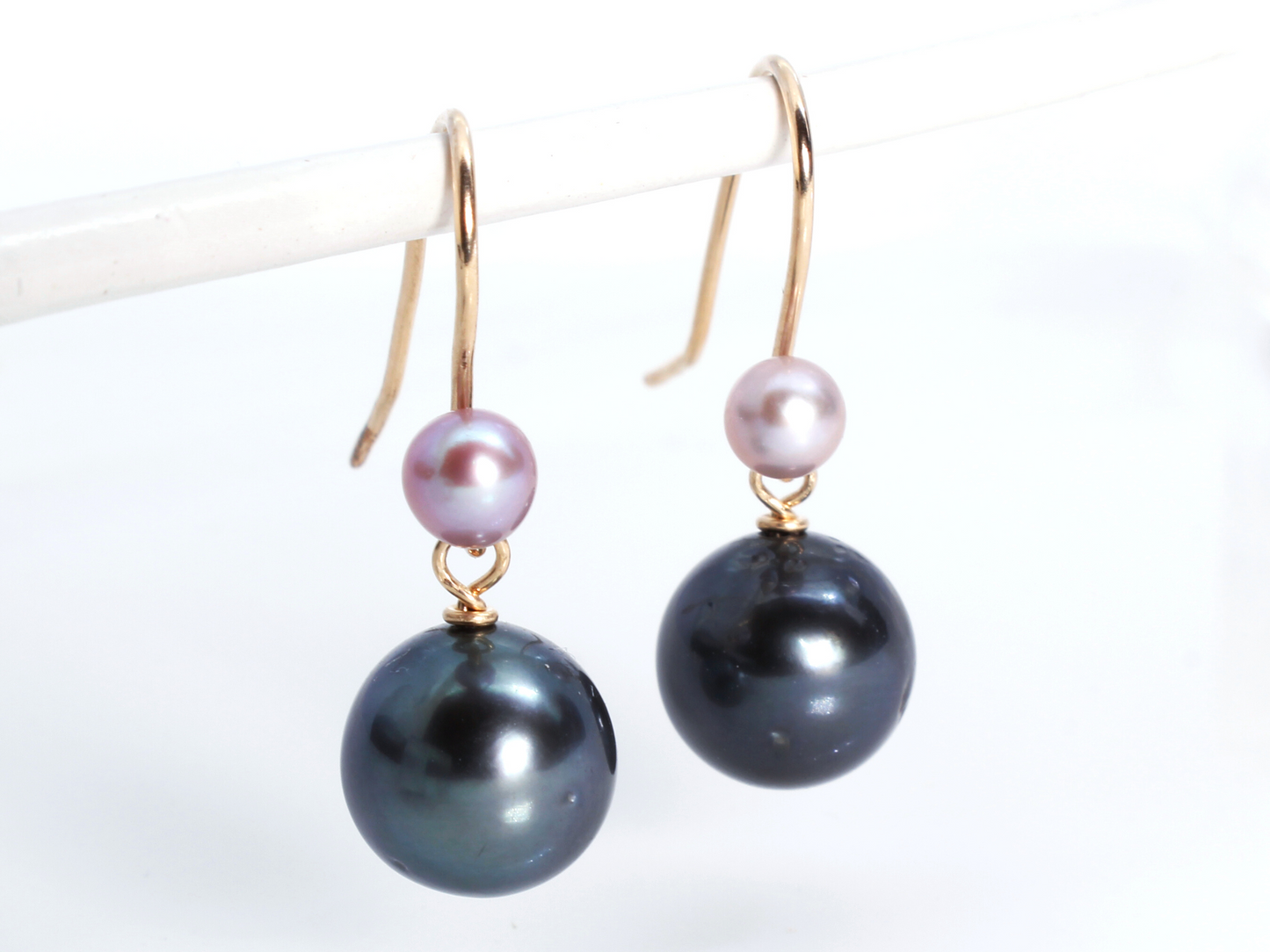 Tahitian Pearl Earrings with 4mm Pink Freshwater Pearl Earwire | 14/20 Gold Filled