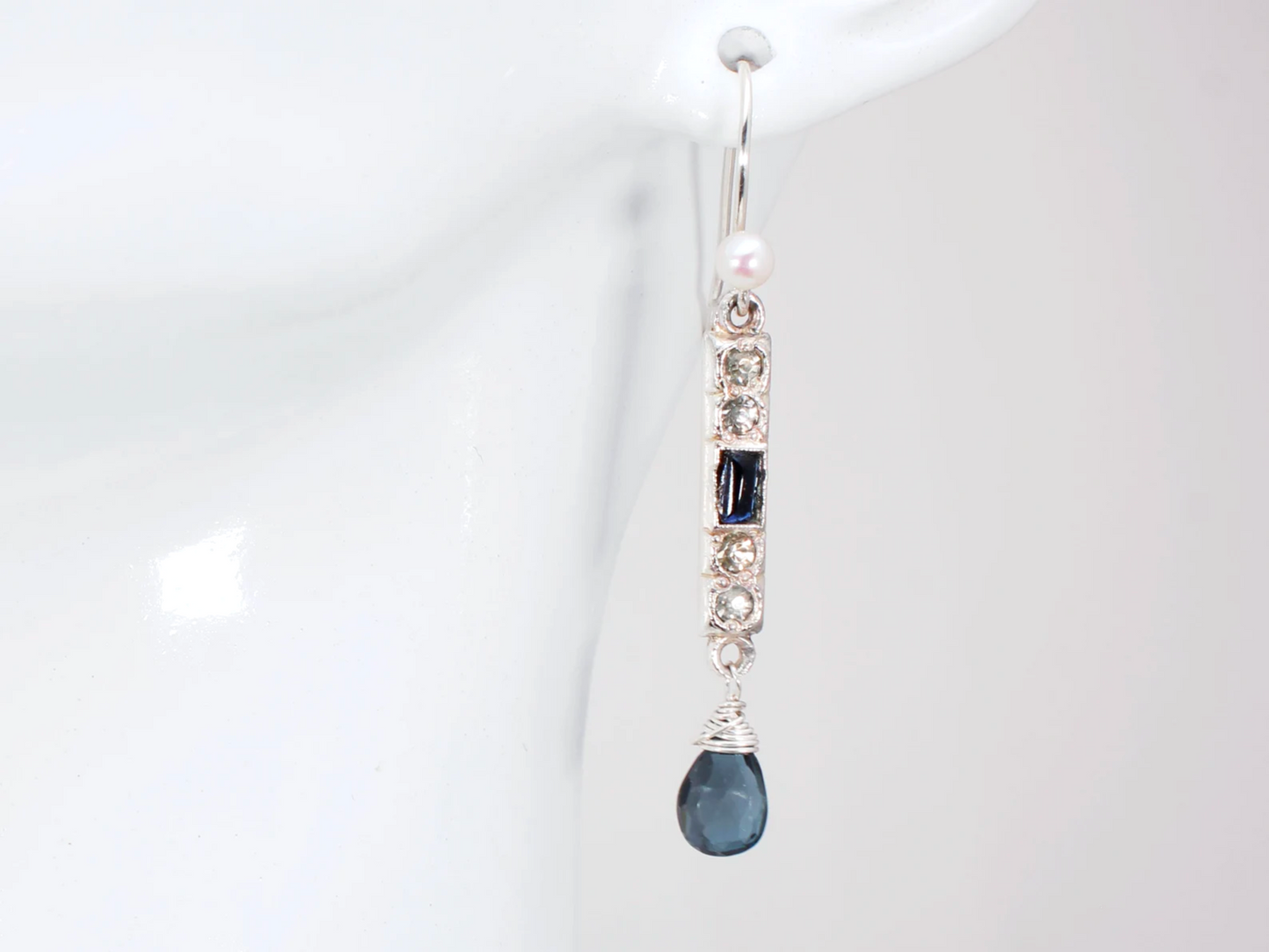 Antique Art Deco Links w/ Teardrop London Blue Topaz and Swarovski Crystal Silver Earrings