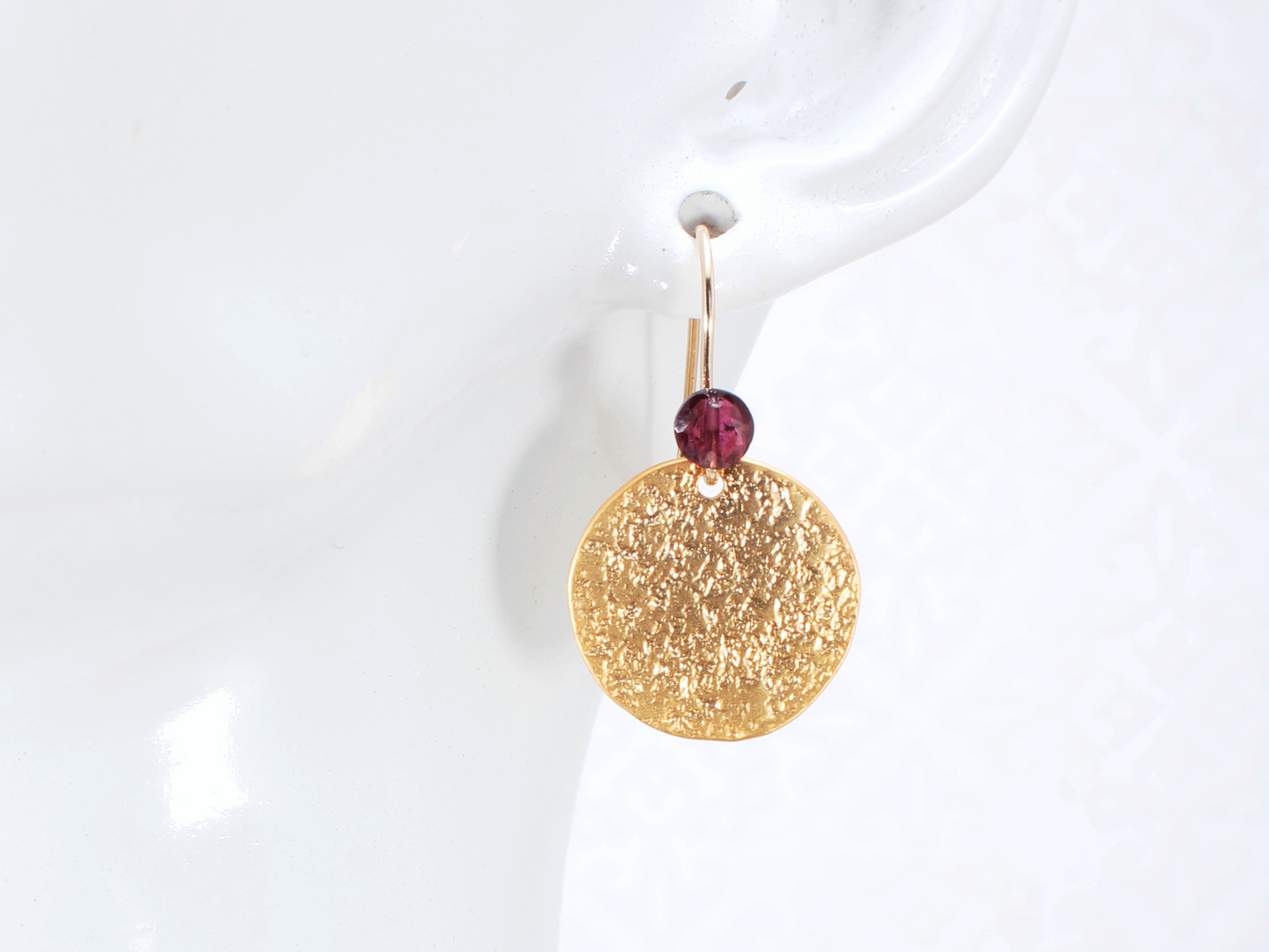 Minimalist Round Disc | Gold Dangle Garnet Earrings