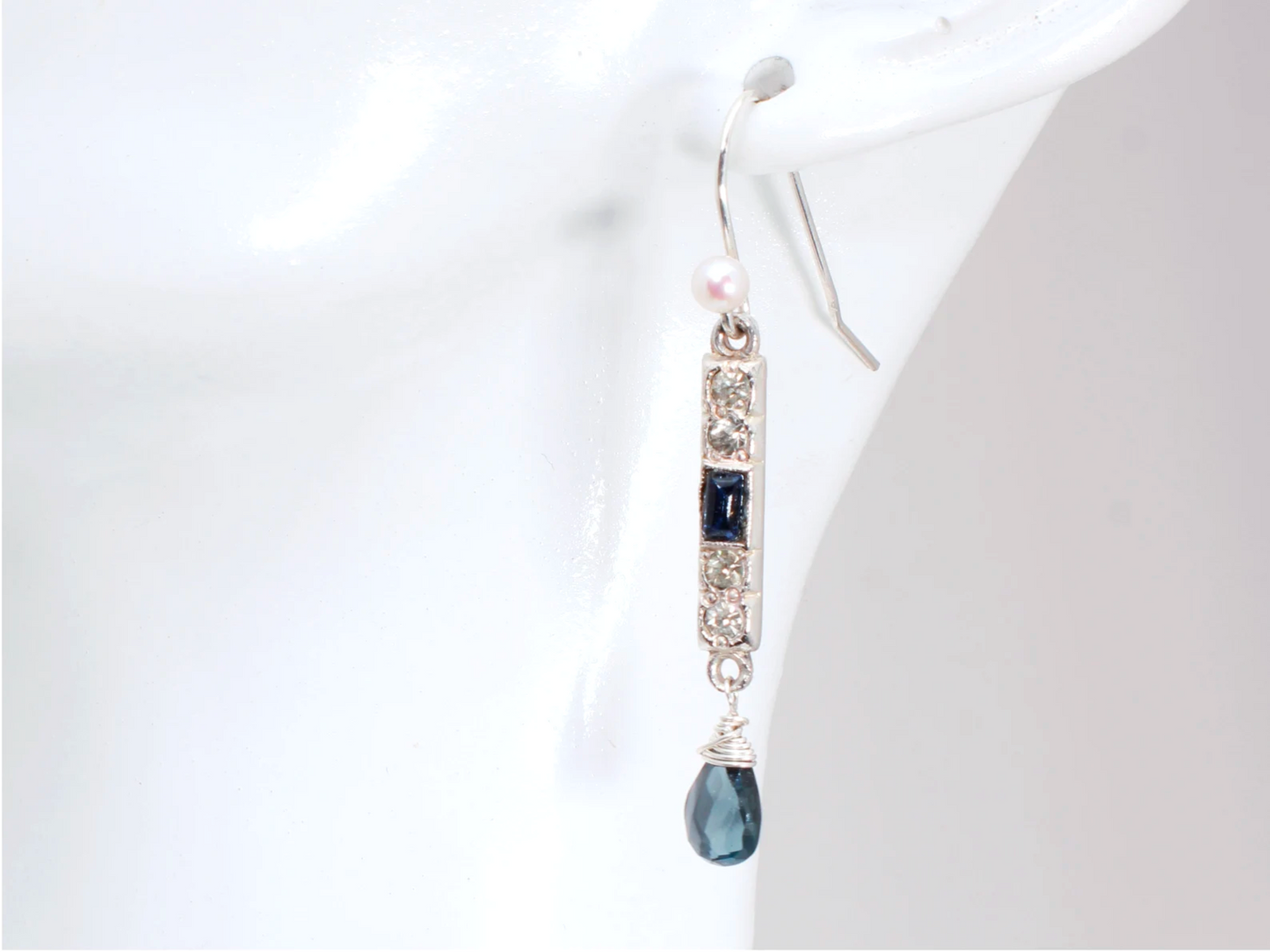 Antique Art Deco Links w/ Teardrop London Blue Topaz and Swarovski Crystal Silver Earrings