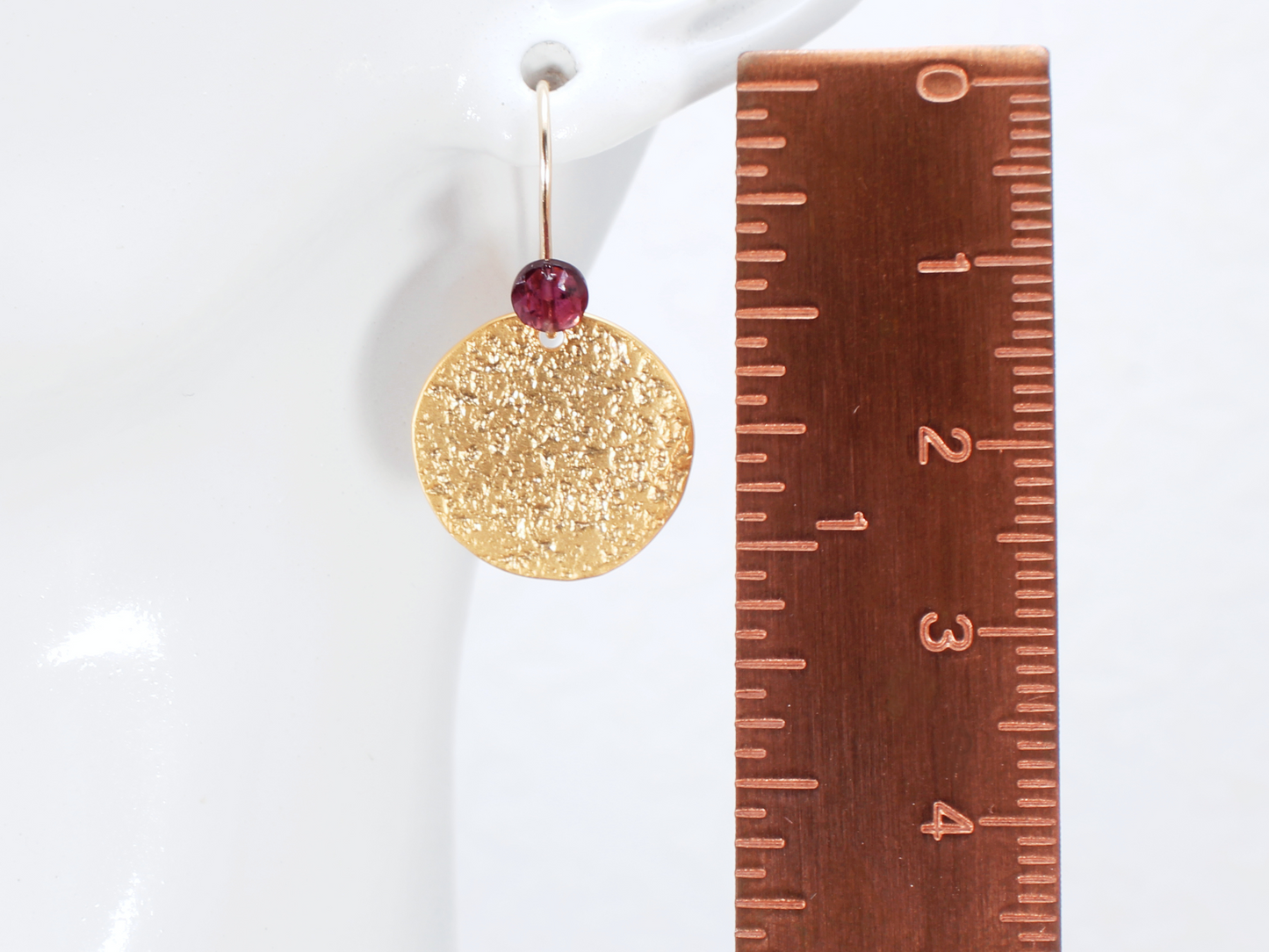 Minimalist Round Disc | Gold Dangle Garnet Earrings